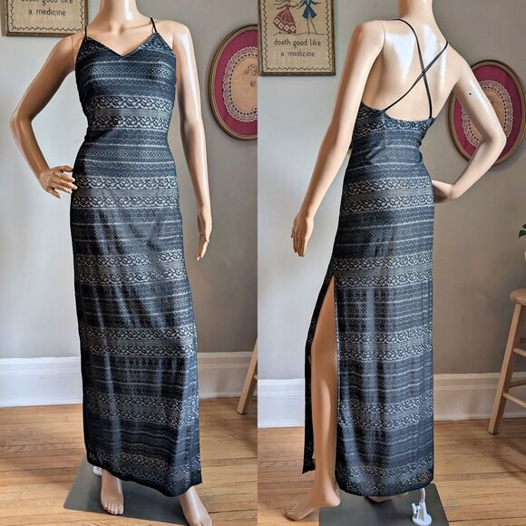 Vintage Dresses & Skirts - Vintage 90s Reggio Black Lace Gown Slip Dress Floral Whimsigoth Siren Size 6